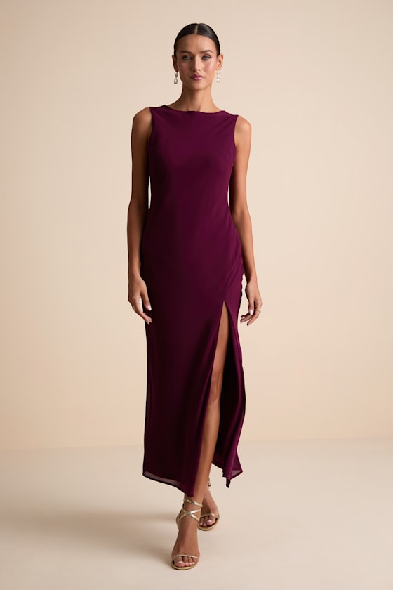 Yaneli Plum Boat Neck Cowl Back Maxi Dress 1