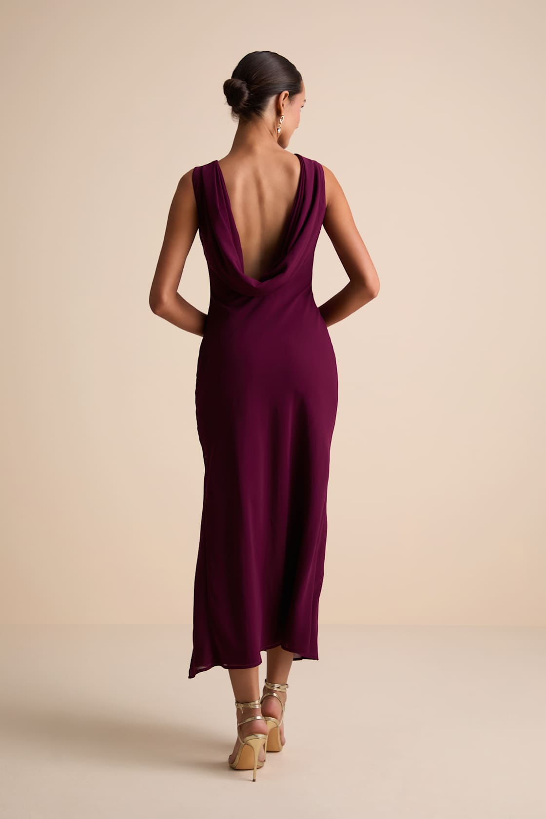 Yaneli Plum Boat Neck Cowl Back Maxi Dress