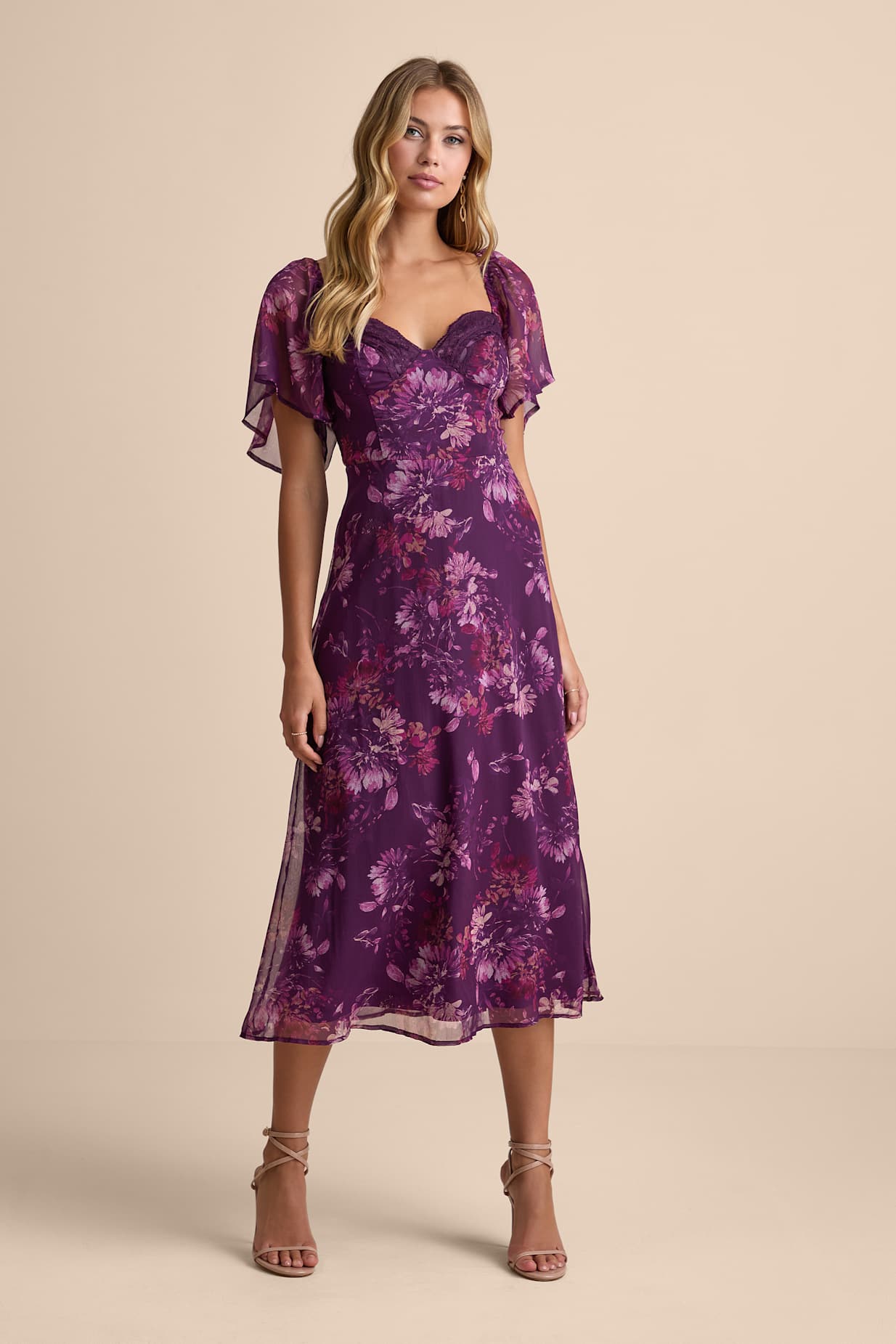 Valla Purple Floral Flutter Sleeve Midi Dress