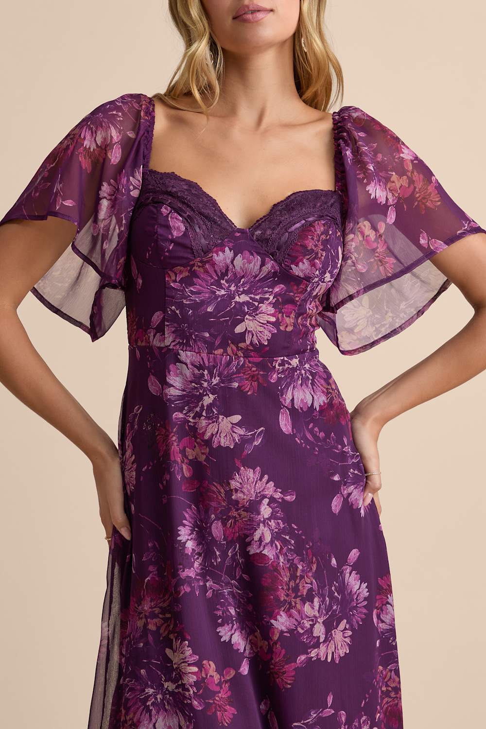 Valla Purple Floral Flutter Sleeve Midi Dress