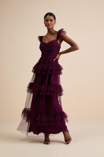Pure Radiance Plum Purple Mesh Swiss Dot Tiered Maxi Dress 1