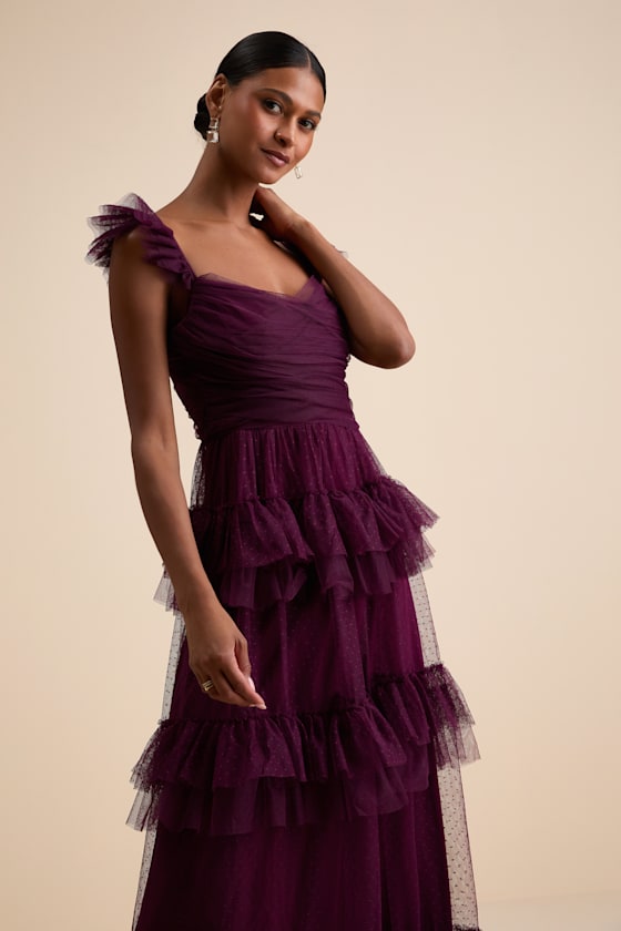 Plum Mesh Maxi Dress - Swiss Dot Dress - Backless Tiered Dress - Lulus