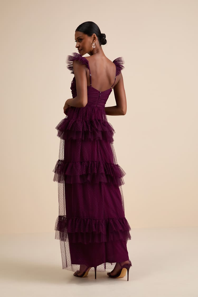 Pure Radiance Plum Purple Mesh Swiss Dot Tiered Maxi Dress