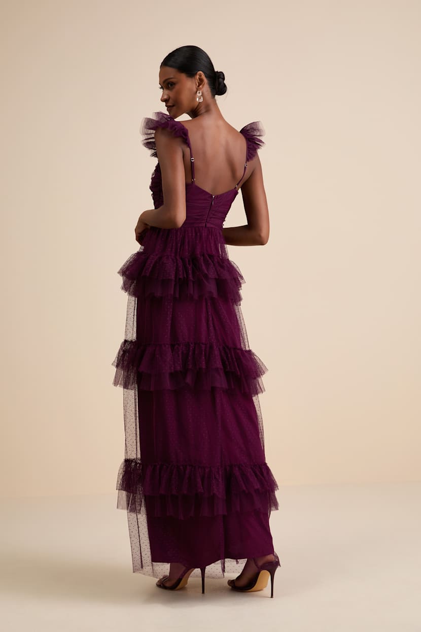Plum Mesh Maxi Dress - Swiss Dot Dress - Backless Tiered Dress - Lulus