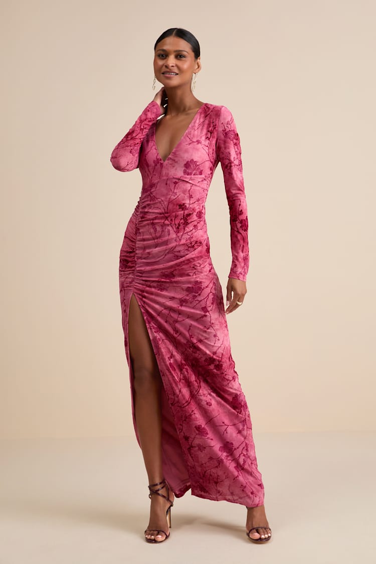 Lulus | Pink Floral Velvet Burnout Maxi Dress | Womens | Large (Available in XXS, XS, S, M, Xl) | 100% Polyester