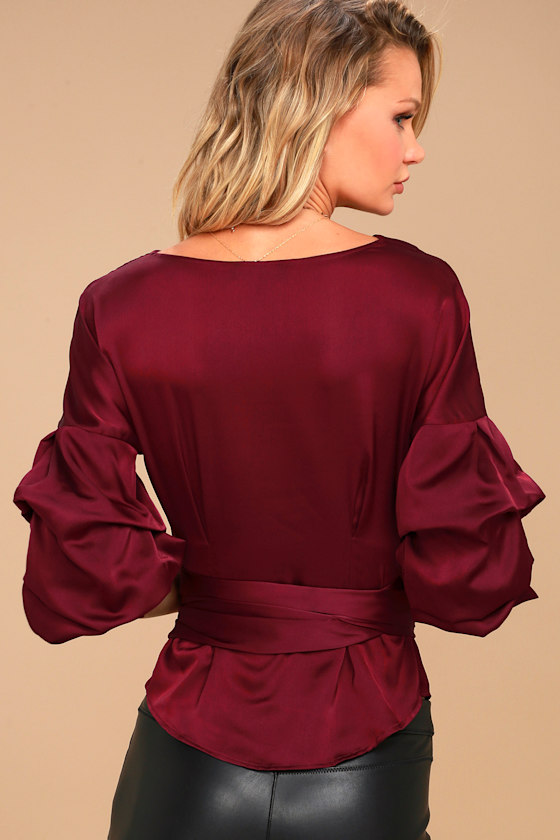 Chic Burgundy Top Satin Top Wrap Top Statement Sleeve