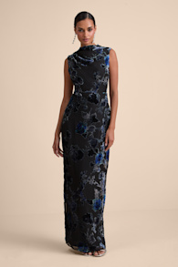 Composed Glamour Blue and Black Floral Burnout Velvet Maxi Dress 1