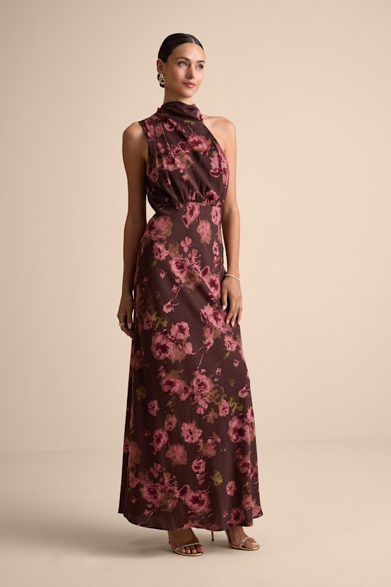 Distinctive Charm Brown Floral Satin Asymmetrical Maxi Dress 1
