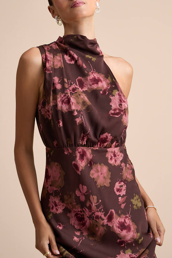 Brown Floral Satin Dress - Asymmetrical Gown - Mock Neck Dress - Image 2