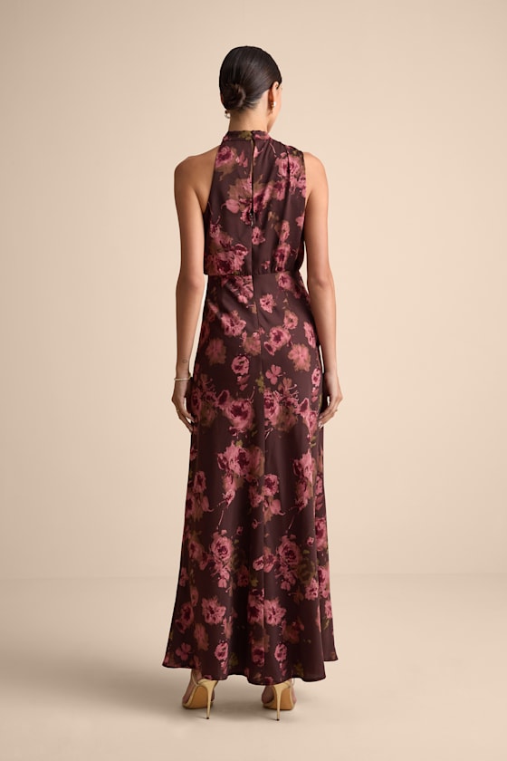 Brown Floral Satin Dress - Asymmetrical Gown - Mock Neck Dress - Image 3