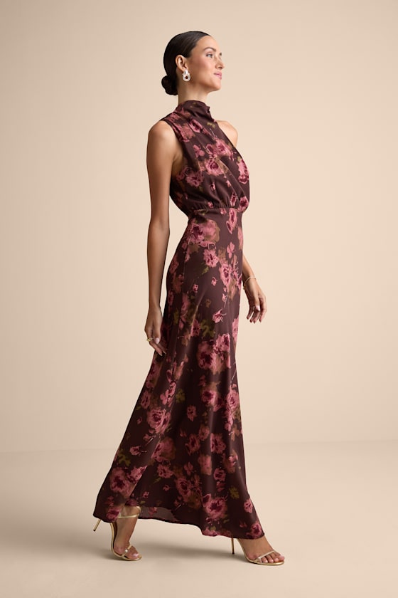 Brown Floral Satin Dress - Asymmetrical Gown - Mock Neck Dress - Image 4