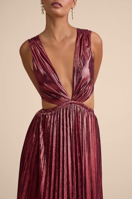 Lulus Shining Luxury Wine Red Metallic Lurex Cutout Maxi Dress In Red
