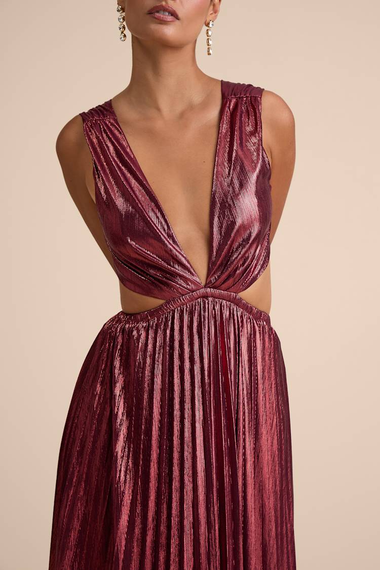 Shining Luxury Wine Red Metallic Lurex Cutout Maxi Dress