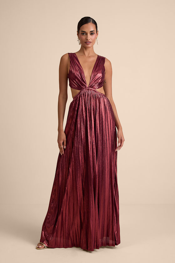 Lulus Shining Luxury Wine Red Metallic Lurex Cutout Maxi Dress In Red
