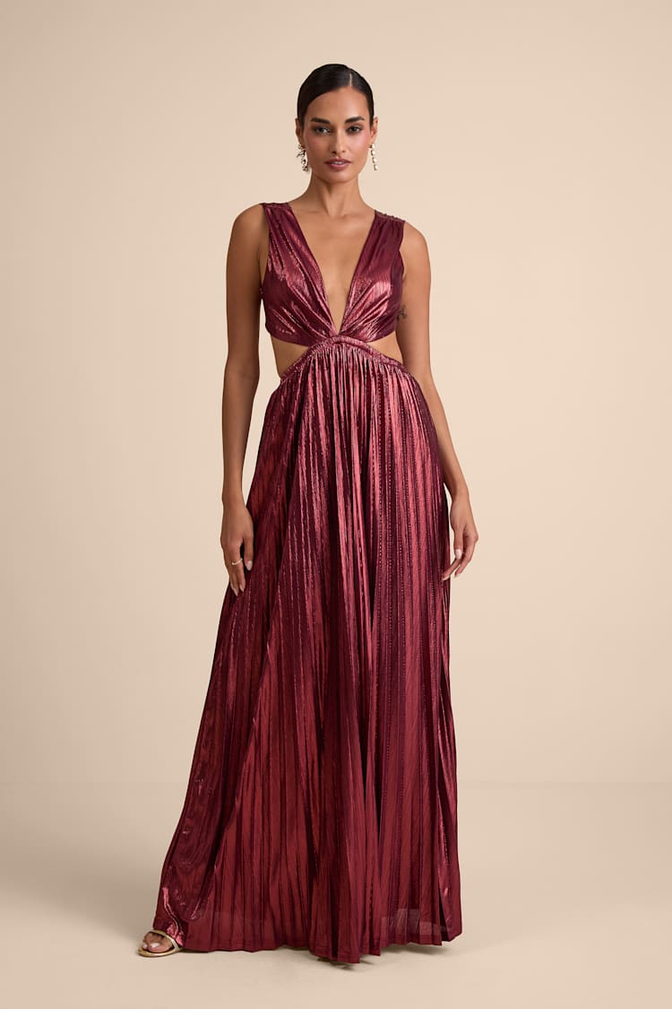 Wine Red Metallic Dress - Lurex Maxi Dress - Cutout Maxi Dress - Lulus
