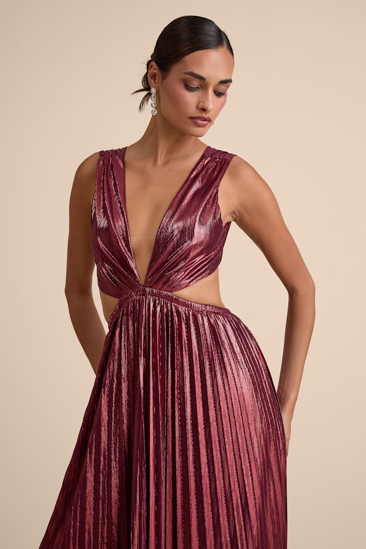 Shining Luxury Wine Red Metallic Lurex Cutout Maxi Dress