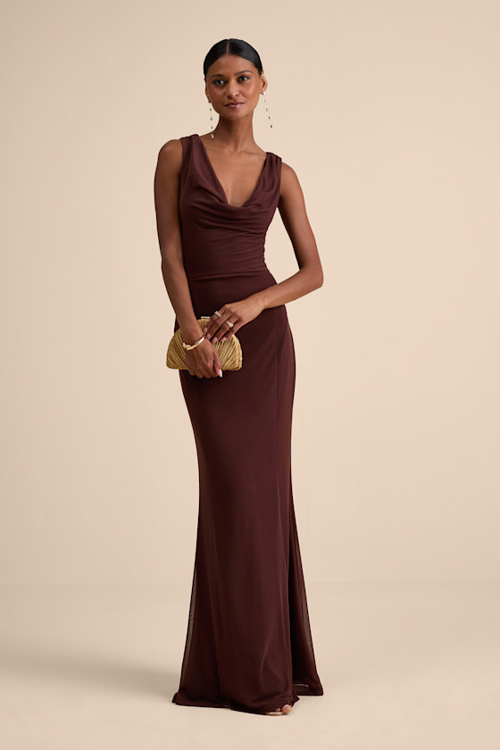 Image of Stunning Mystery Brown Mesh Cowl Back Mermaid Maxi Dress