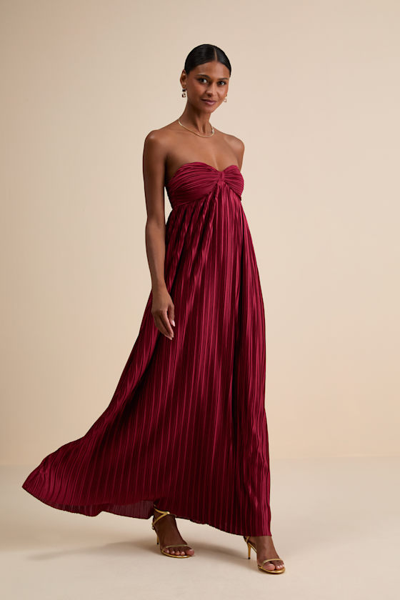 Whimsical Beauty Wine Red Satin Plisse Strapless Maxi Dress 1