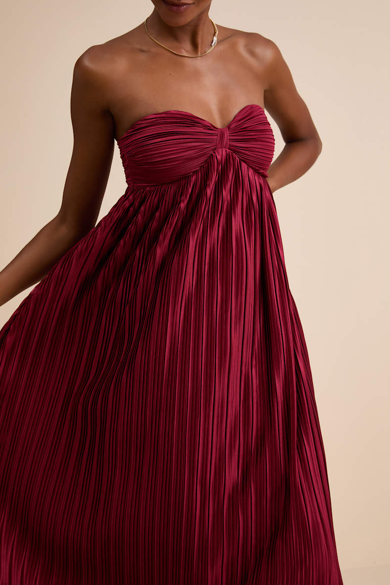 Whimsical Beauty Wine Red Satin Plisse Strapless Maxi Dress