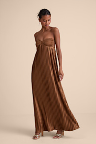 Whimsical Beauty Brown Satin Plisse Strapless Maxi Dress 1