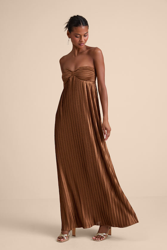 Whimsical Beauty Brown Satin Plisse Strapless Maxi Dress 1