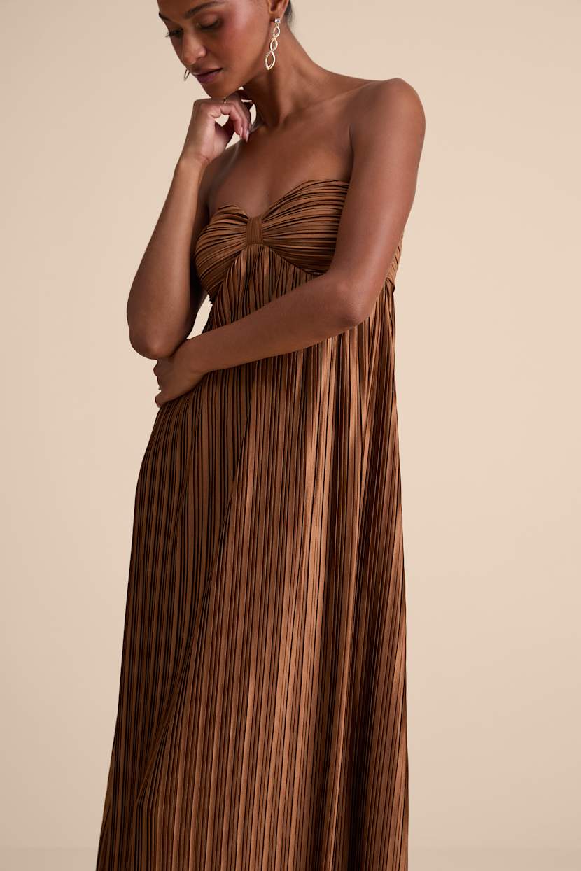 Brown Maxi Dress - Plisse Satin Dress - Strapless Dress - Dress - Lulus