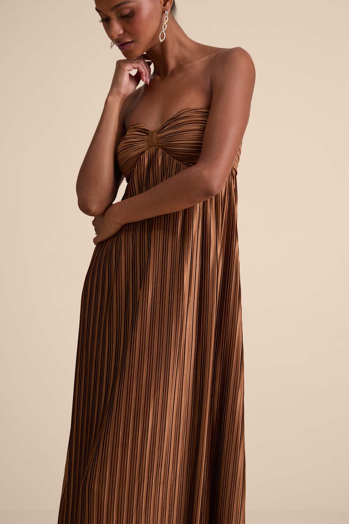 Whimsical Beauty Brown Satin Plisse Strapless Maxi Dress