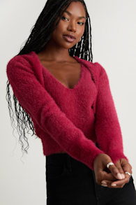 Mekea Berry Red Eyelash Knit Tank Top and Cropped Cardigan Set 2