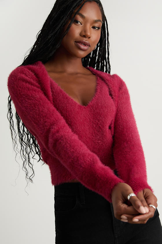 Mekea Berry Red Eyelash Knit Tank Top and Cropped Cardigan Set 2
