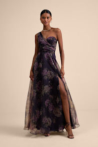 Truly Extraordinary Plum Floral Organza One-Shoulder Maxi Dress 1