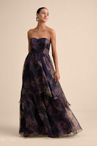Truly Extraordinary Purple Floral Organza Strapless Maxi Dress 1
