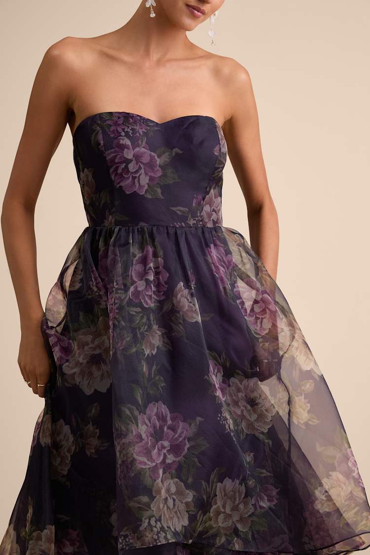Truly Extraordinary Purple Floral Organza Strapless Maxi Dress