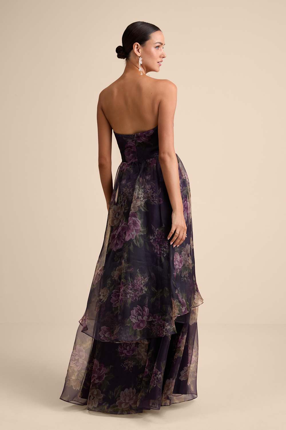 Truly Extraordinary Purple Floral Organza Strapless Maxi Dress