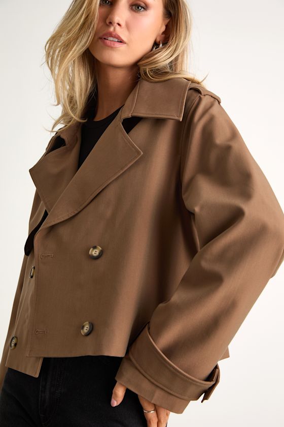 Donley Light Brown Double-Breasted Cropped Trench Coat - thumbnail 5