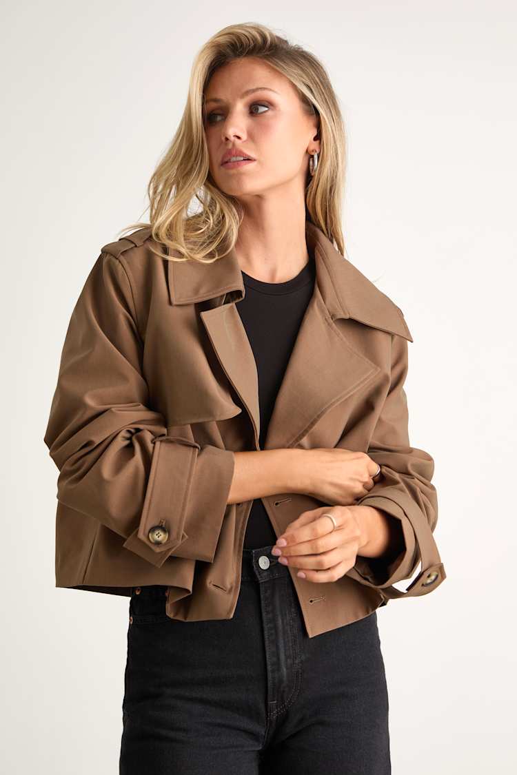 Donley Light Brown Double-Breasted Cropped Trench Coat