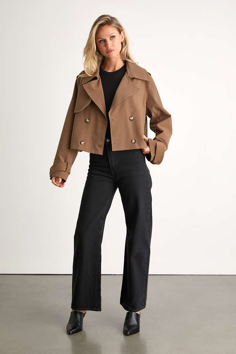 Donley Light Brown Double-Breasted Cropped Trench Coat