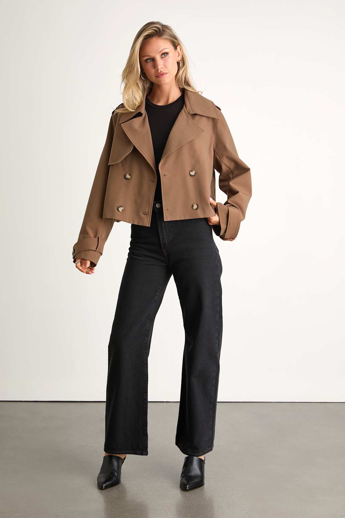 Donley Light Brown Double-Breasted Cropped Trench Coat