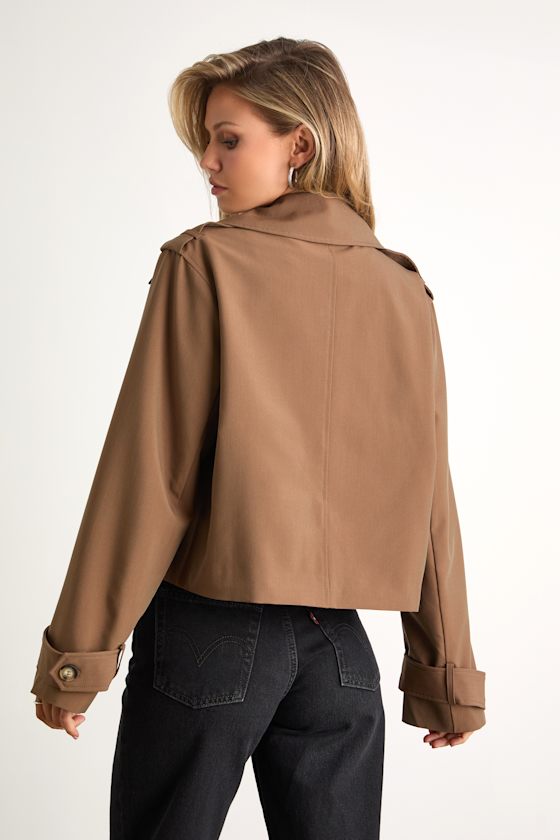Donley Light Brown Double-Breasted Cropped Trench Coat - thumbnail 4