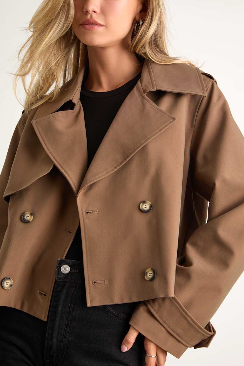 Donley Light Brown Double-Breasted Cropped Trench Coat