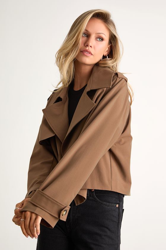 Donley Light Brown Double-Breasted Cropped Trench Coat - thumbnail 6