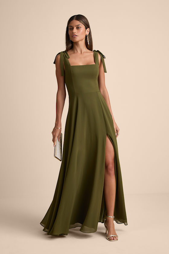 Love Me Forever Olive Green Tie-Strap Square Neck Maxi Dress 1