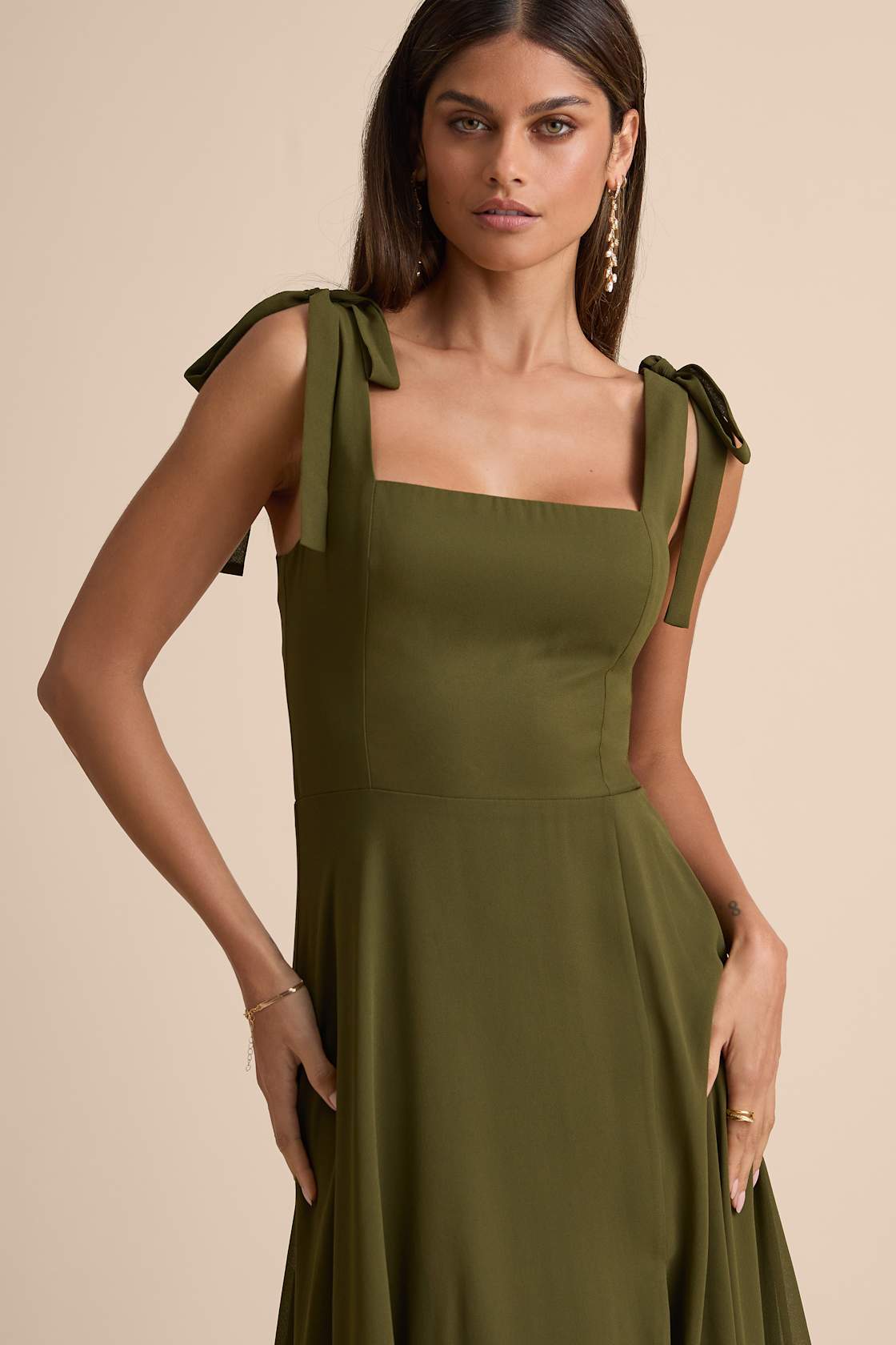 Love Me Forever Olive Green Tie-Strap Square Neck Maxi Dress
