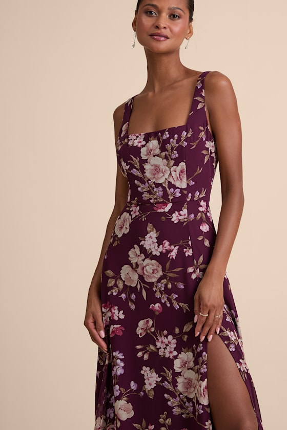 Plum Floral Maxi Dress - Chiffon Dress - Simple Bridesmaid Dress - Image 2
