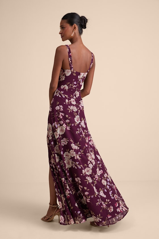 Plum Floral Maxi Dress - Chiffon Dress - Simple Bridesmaid Dress - Image 3