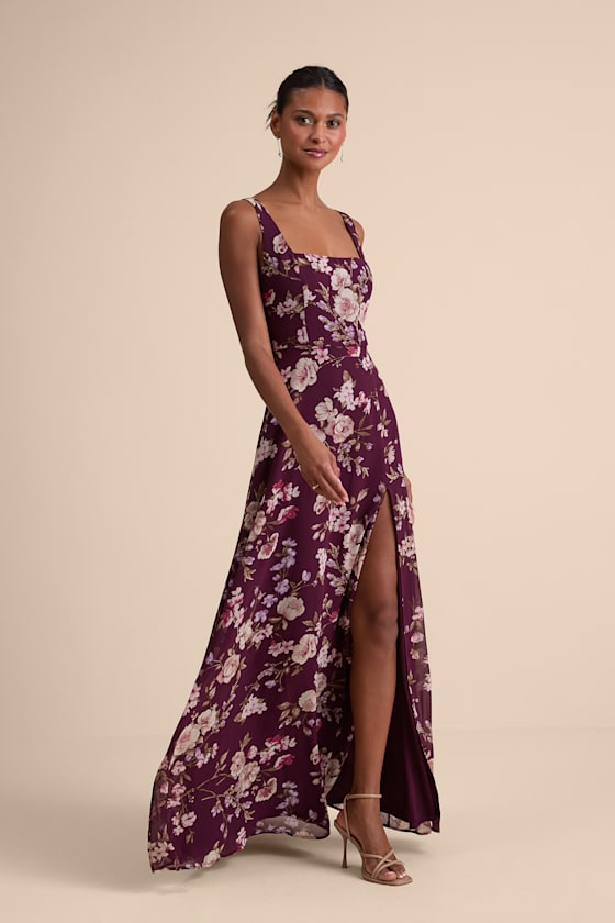 Plum Floral Maxi Dress - Chiffon Dress - Simple Bridesmaid Dress - Image 4