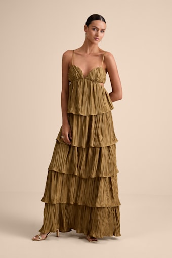 Kanya Gold Satin Plisse Tiered Maxi Dress 1