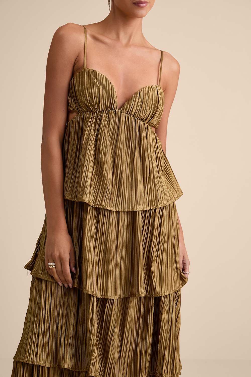 Kanya Gold Satin Plisse Tiered Maxi Dress