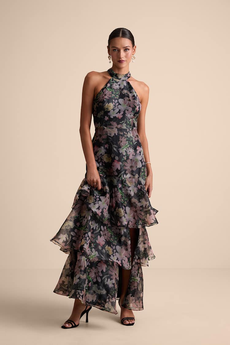 Black Floral Dress - Floral Organza Dress - Tiered Maxi Gown - Lulus