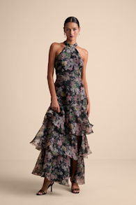 Forever Exceptional Black Floral Halter Organza Maxi Dress 1