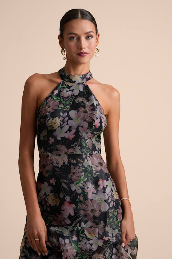 Forever Exceptional Black Floral Halter Organza Maxi Dress 2